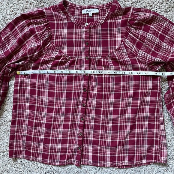 - Madewell - Maroon Plaid Long Balloon Sleeve Button-Up Peasant Blouse - Picture 2 of 5